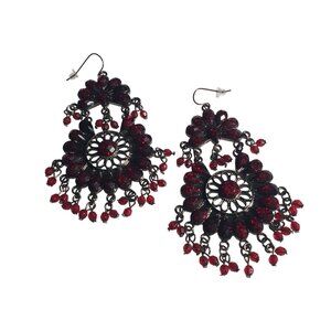 Red Black Filigree Dangle Earrings Floral Design Lightweight Chandelier Hook